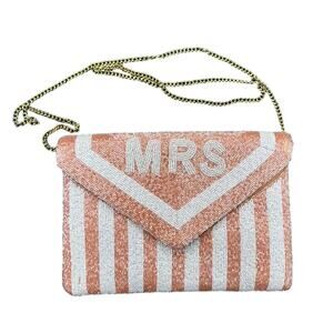 MRS Bride Pink Striped Beaded Crossbody Clutch Purse
